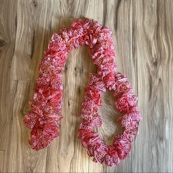 New Handmade Crochet Coral Colored Sequined Twirly Scarf 76” Long - Picture 3 of 14